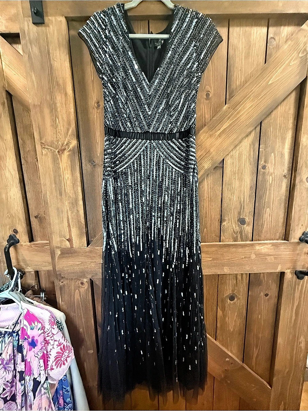 Adrianna Papell Art Deco Sequin Beaded Cap Sleeve Evening Gown Maxi Dress Size 1